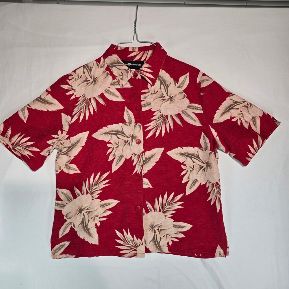 Sag Harbor Womens 12 Red Silk Tropical Hibiscus Floral Button Down Shirt T43253